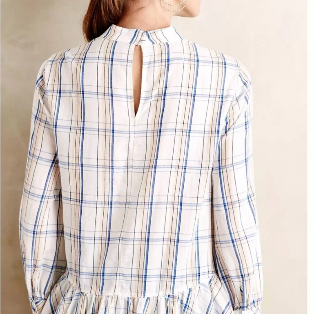 ANTHROPOLOGIE Maeve Plaid Ruffle Blouse Top Long Sleeve High Low Hem SZ 10 EUC - Picture 2 of 10